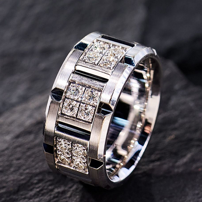 Jzora Handmade Round Brilliant CZ Cluster Satin-Finished Men's Wedding Band Ring