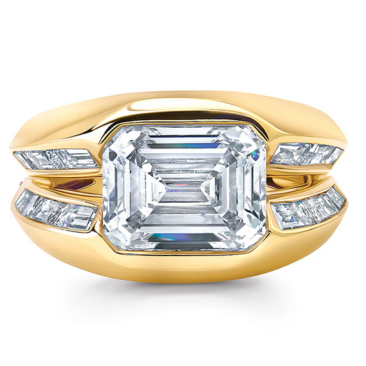 Jzora Handmade Luxe Gold Emerald-Cut Moissanite Split-Shank Modern Statement Ring