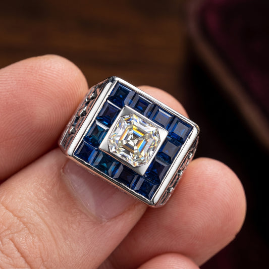 Jzora Handmade Chunky Square Halo Asscher-Cut Center with Blue Baguette CZ Wide Heavy Men’s Ring