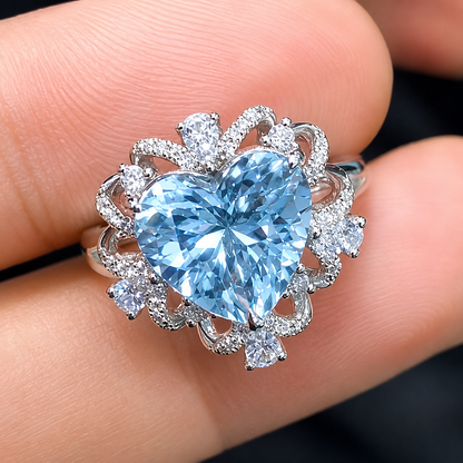 Jzora Handmade Dreamy Lace Halo Heart Cut Blue Moissanite Fashion Ring