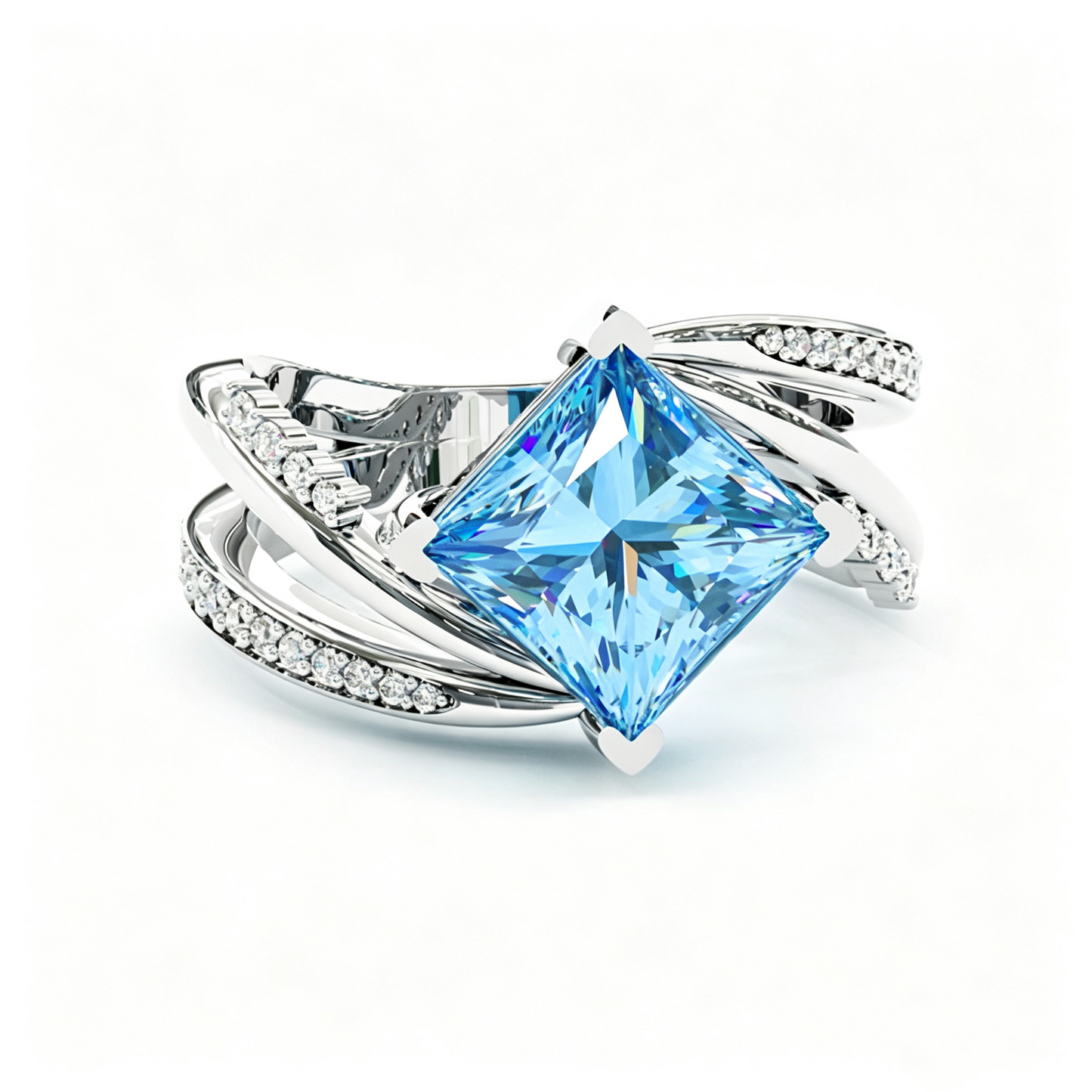Jzora Handmade Mint Sky Blue Princess Cut Moissanite Twisted Wrap Pave Elegant Ring