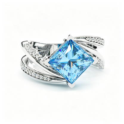 Jzora Handmade Mint Sky Blue Princess Cut Moissanite Twisted Wrap Pave Elegant Ring