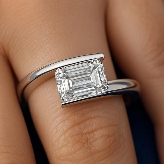 Jzora handmade Emerald Cut Moissanite Modern Bypass Ring