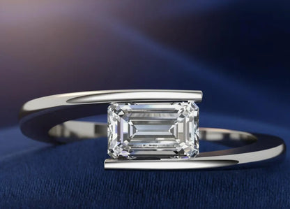 Jzora handmade Emerald Cut Moissanite Modern Bypass Ring