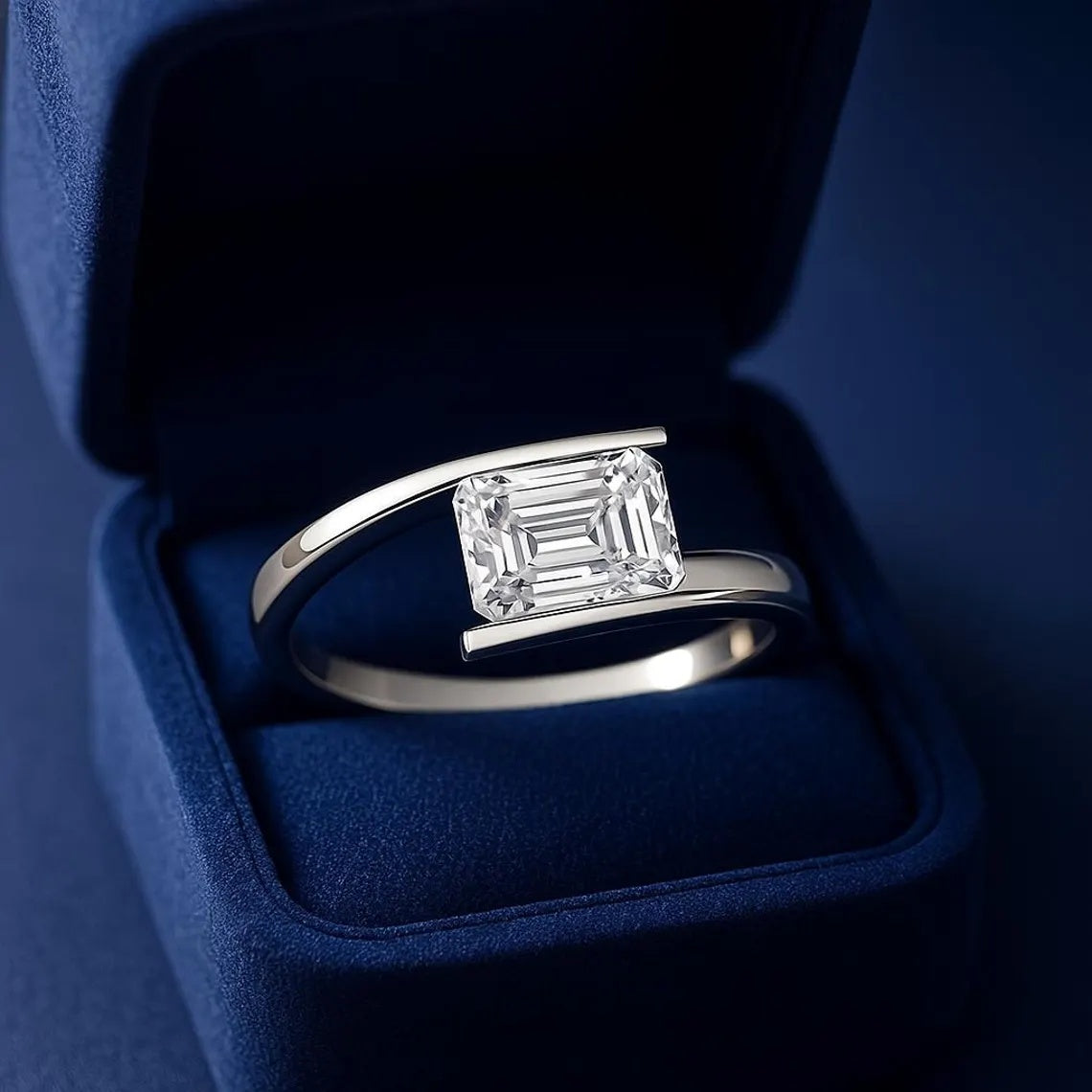 Jzora handmade Emerald Cut Moissanite Modern Bypass Ring
