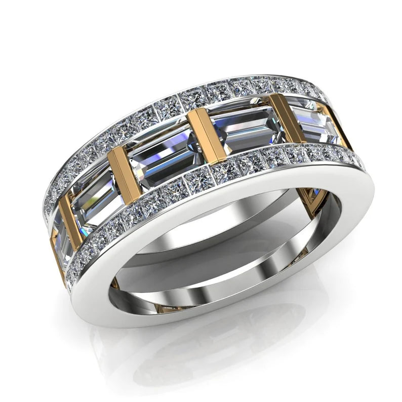 Jzora Handmade Luxury Two Tone Emerald Cut Pavé Cubic Zirconia Men's Ring