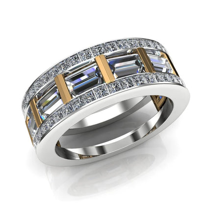 Jzora Handmade Luxury Two Tone Emerald Cut Pavé Cubic Zirconia Men's Ring