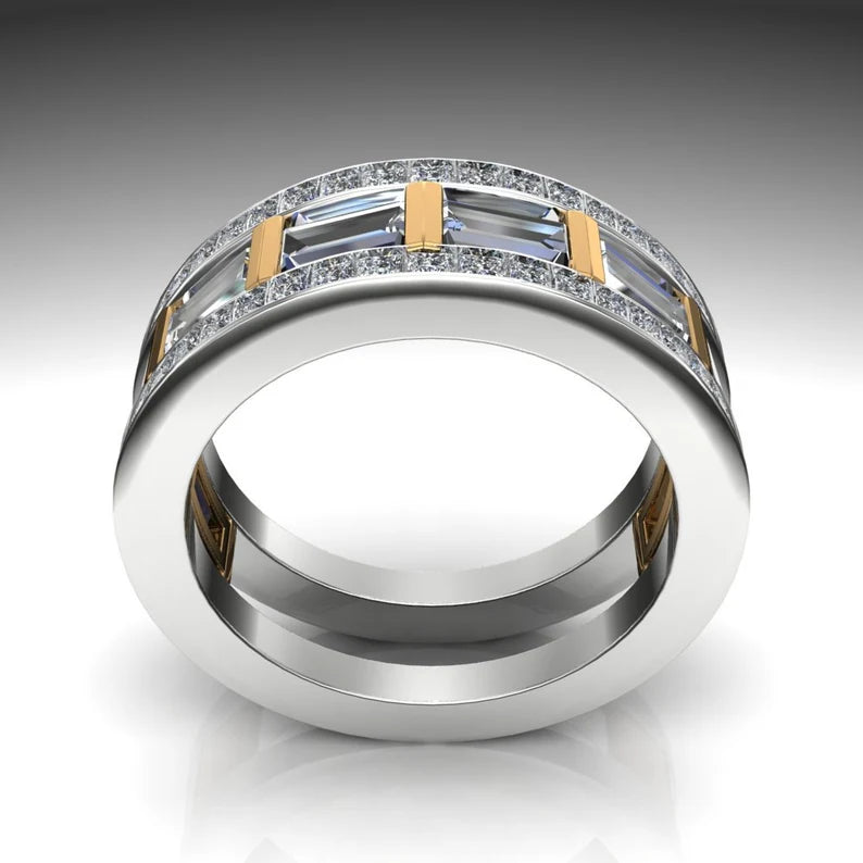 Jzora Handmade Luxury Two Tone Emerald Cut Pavé Cubic Zirconia Men's Ring