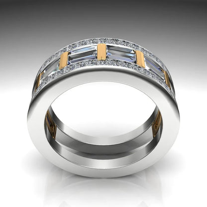 Jzora Handmade Luxury Two Tone Emerald Cut Pavé Cubic Zirconia Men's Ring
