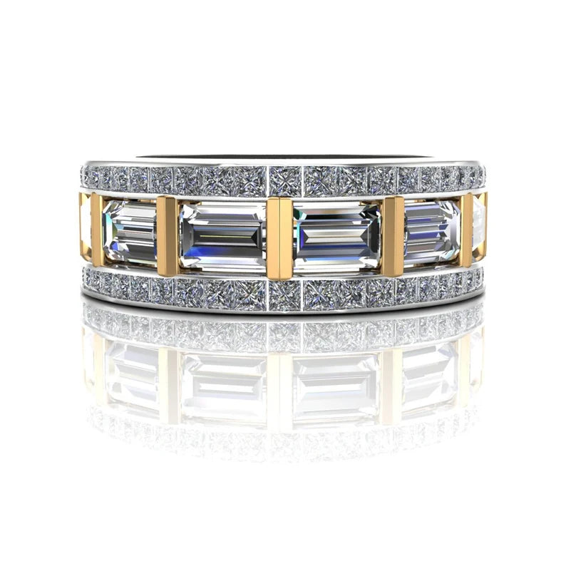 Jzora Handmade Luxury Two Tone Emerald Cut Pavé Cubic Zirconia Men's Ring