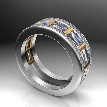 Jzora Handmade Luxury Two Tone Emerald Cut Pavé Cubic Zirconia Men's Ring