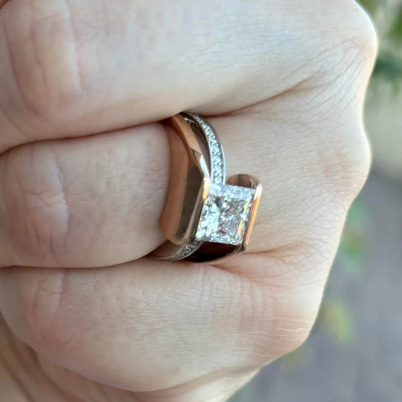 Jzora handmade 2ct princess cut bypass moissanite sterling silver ring