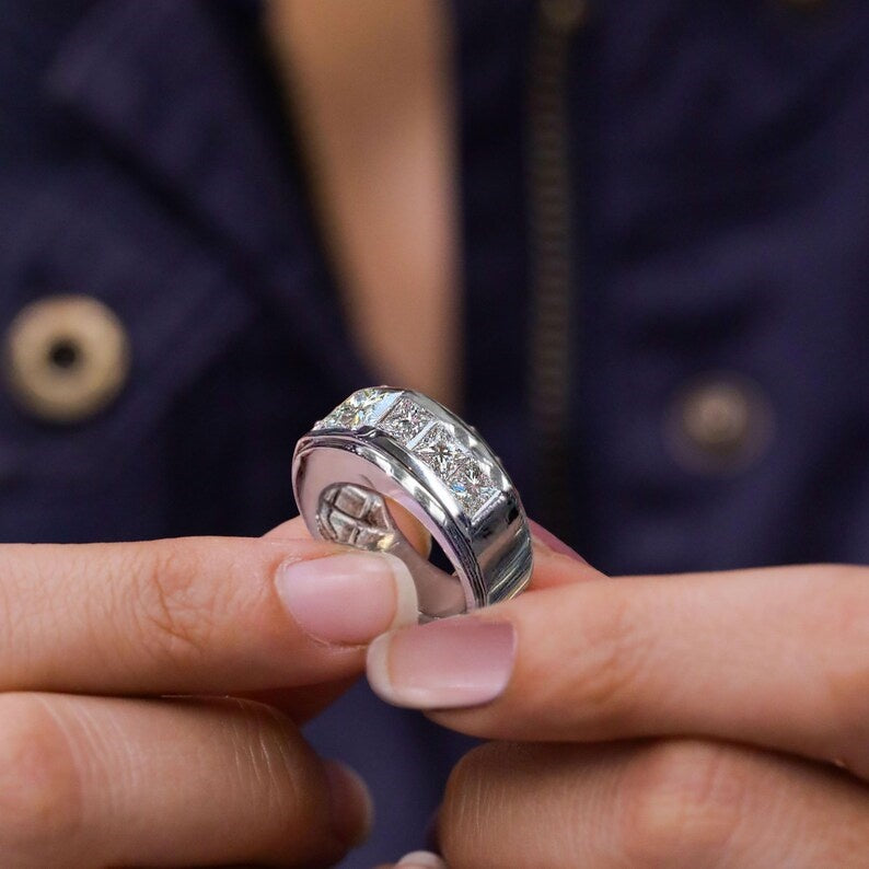 Jzora Handmade Moissanite Princess Cut Unique Men's Wedding Ring