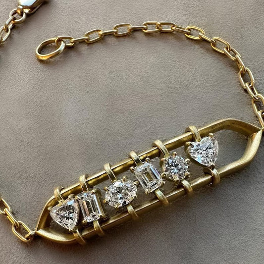 Jzora Handmade Moving Heart, Round, Emerald And Oval Cut Paper Clip Chain Bracelet