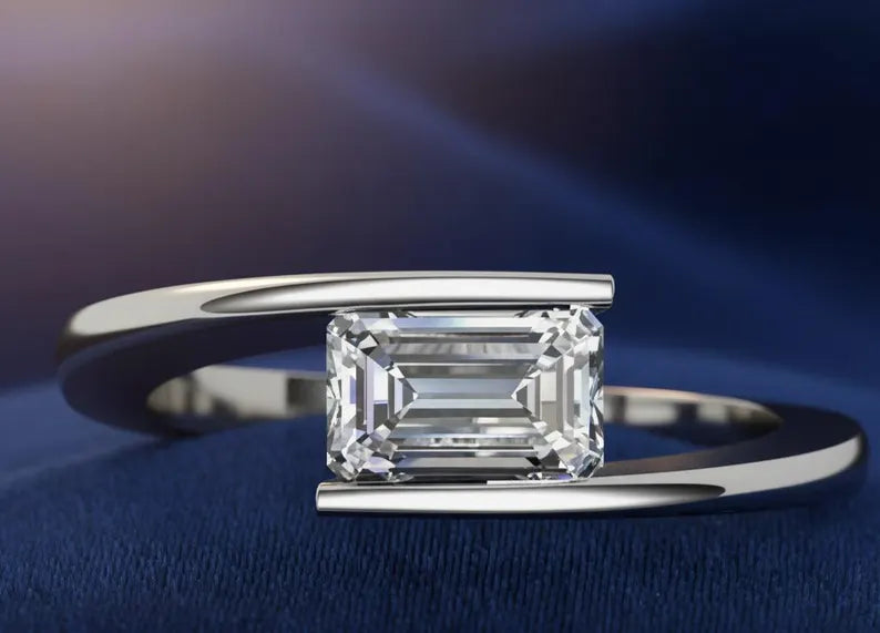 Jzora handmade Emerald Cut Moissanite Modern Bypass Ring