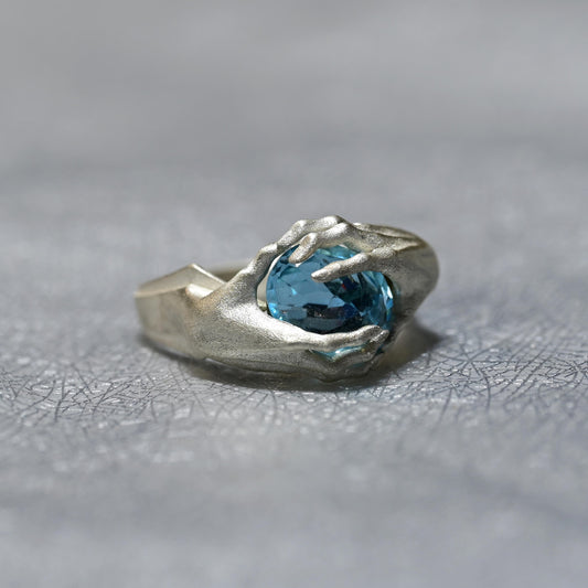 Jzora Handmade Vintage Style Blue Topaz Hand Holding Statement Ring