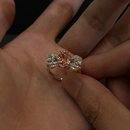 Jzora Handmade Pink Oval Cut Sparkling Bow Statement Ring