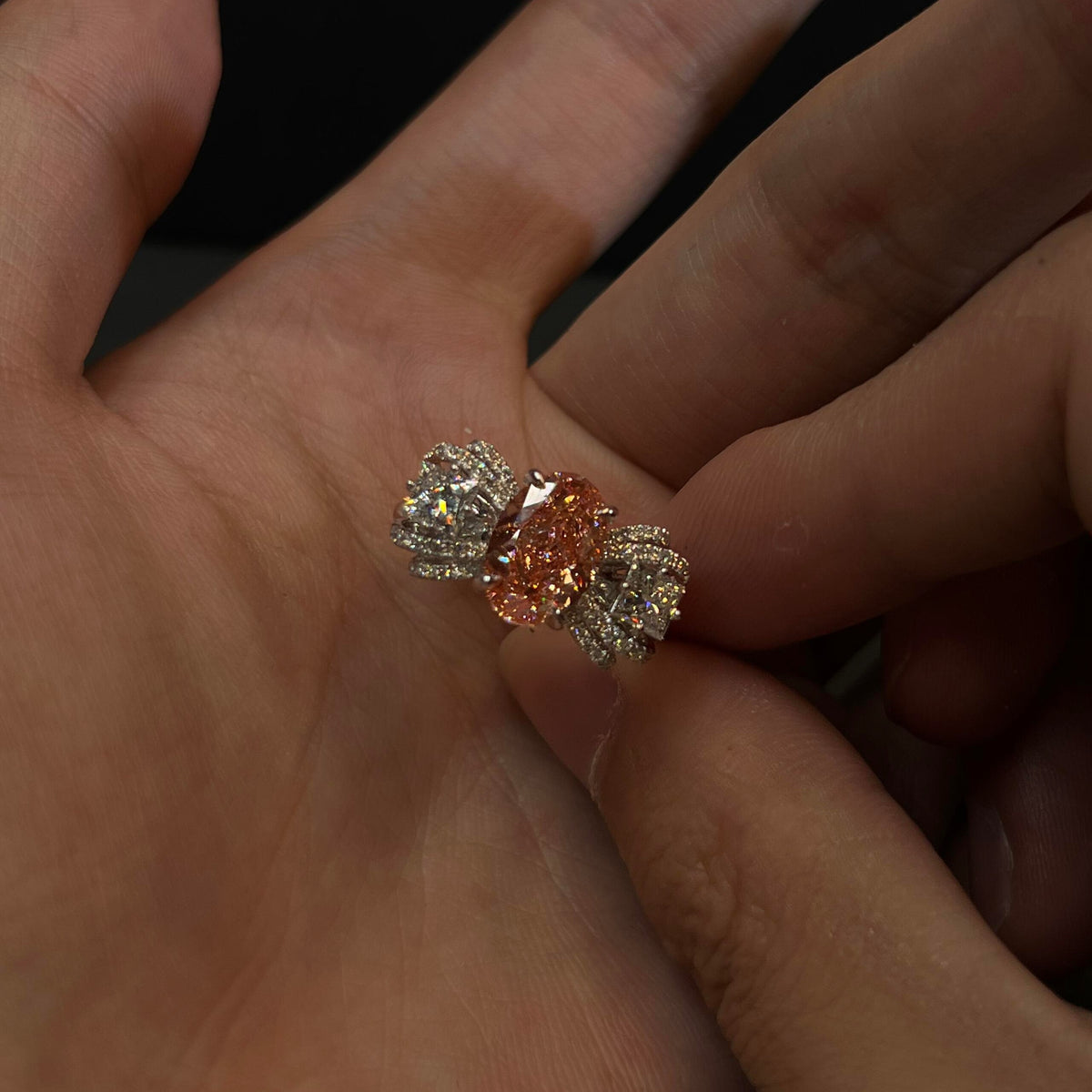 Jzora Handmade Pink Oval Cut Sparkling Bow Statement Ring