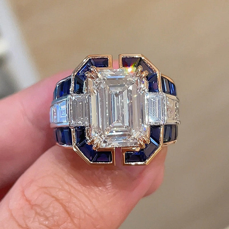 Jzora Handmade Classic Emerald Cut with Sapphire Accents Men's Ring