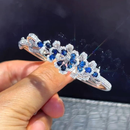 Jzora Handmade Sapphire CZ Floral Cuff Bangle Bracelet