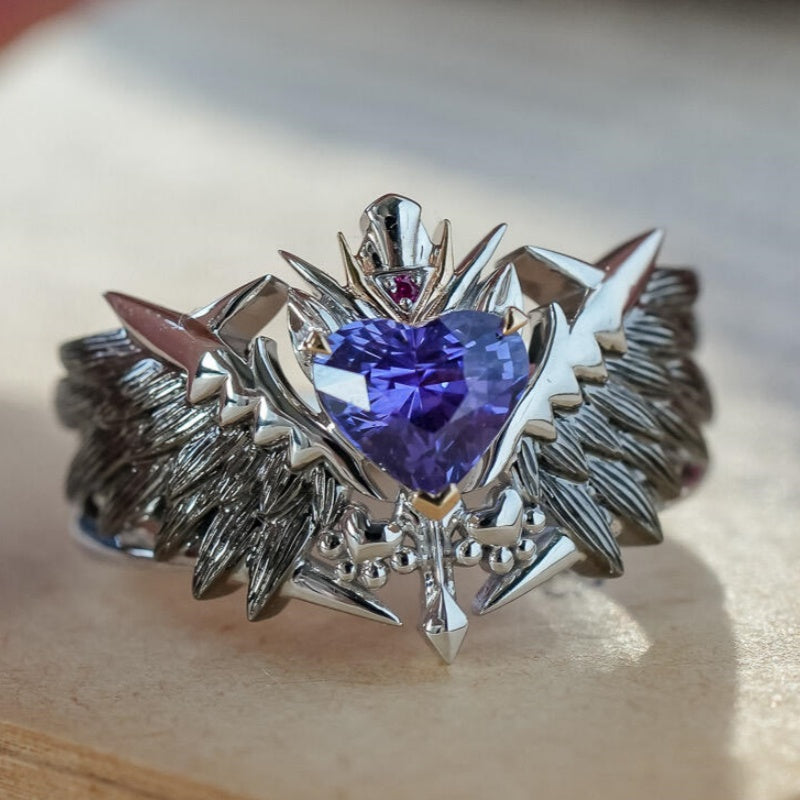 Jzora Handmade Heart Cut Purple Sapphire Fallen Angel Mecha Wing Brushed Statement Ring