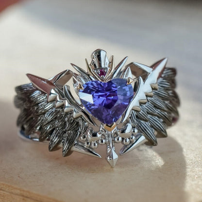Jzora Handmade Heart Cut Purple Sapphire Fallen Angel Mecha Wing Brushed Statement Ring