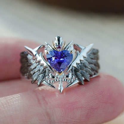 Jzora Handmade Heart Cut Purple Sapphire Fallen Angel Mecha Wing Brushed Statement Ring