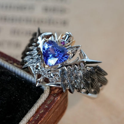 Jzora Handmade Heart Cut Purple Sapphire Fallen Angel Mecha Wing Brushed Statement Ring