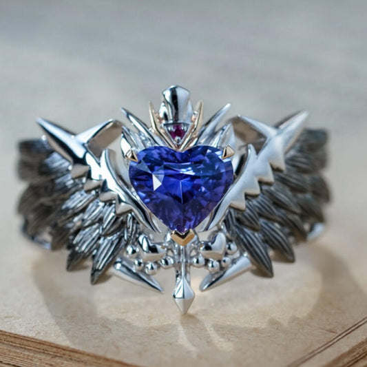 Jzora Handmade Heart Cut Purple Sapphire Fallen Angel Mecha Wing Brushed Statement Ring