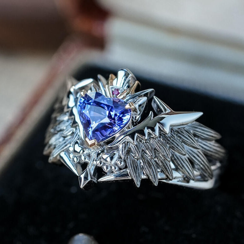 Jzora Handmade Heart Cut Purple Sapphire Fallen Angel Mecha Wing Brushed Statement Ring