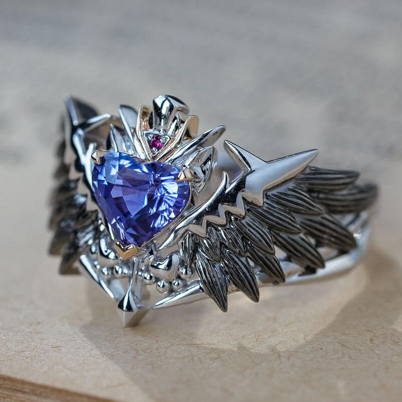 Jzora Handmade Heart Cut Purple Sapphire Fallen Angel Mecha Wing Brushed Statement Ring