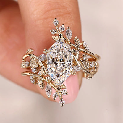 Jzora Handmade Leaf Marquise Cut Elegant Wedding Ring Set