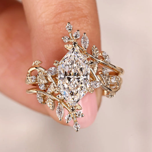 Jzora Handmade Leaf Marquise Cut Elegant Wedding Ring Set