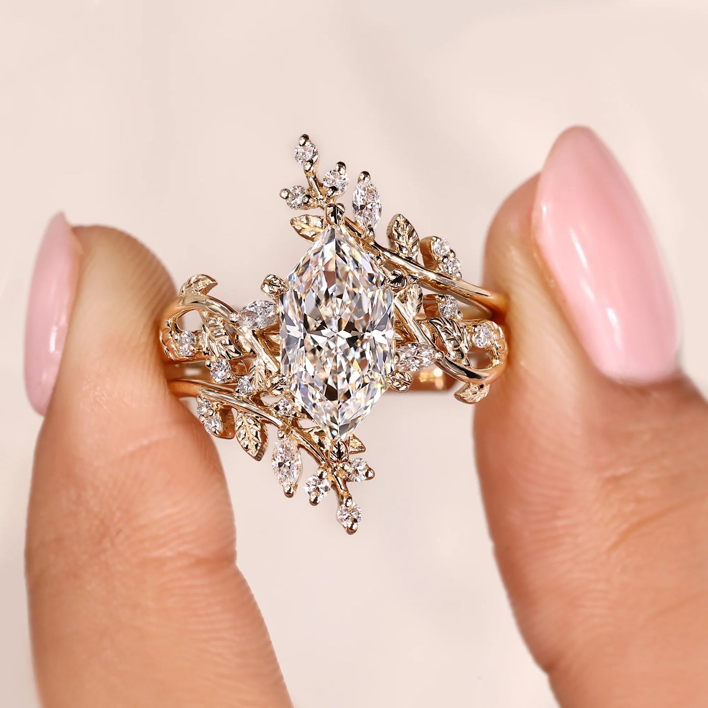 Jzora Handmade Leaf Marquise Cut Elegant Wedding Ring Set