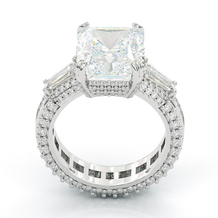 Jzora handmade emerald cut  three stone diamond sterling silver engagement ring