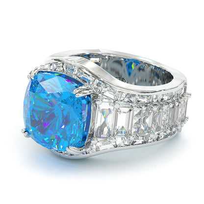 Jzora handmade cushion cut aqua blue diamond sterling silver vintage engagement ring