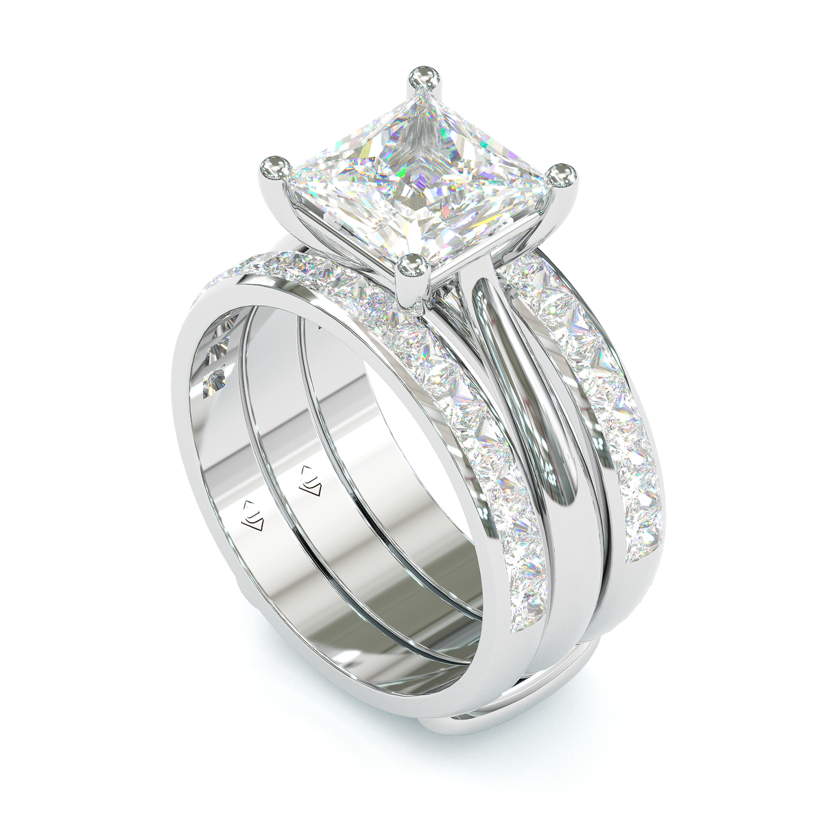 Jzora handmade princess cut two tone anniversary ring  wedding ring  silver bridal set