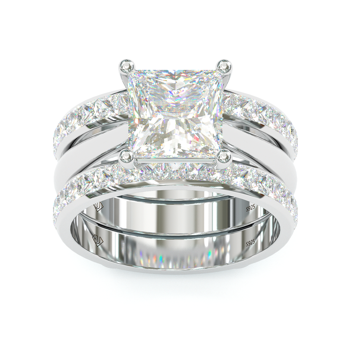 Jzora handmade princess cut two tone anniversary ring  wedding ring  silver bridal set