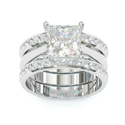 Jzora handmade princess cut two tone anniversary ring  wedding ring  silver bridal set