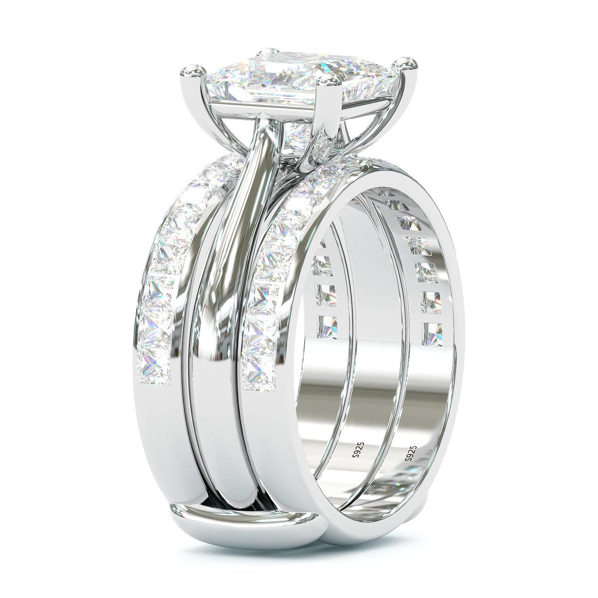 Jzora handmade princess cut two tone anniversary ring  wedding ring  silver bridal set