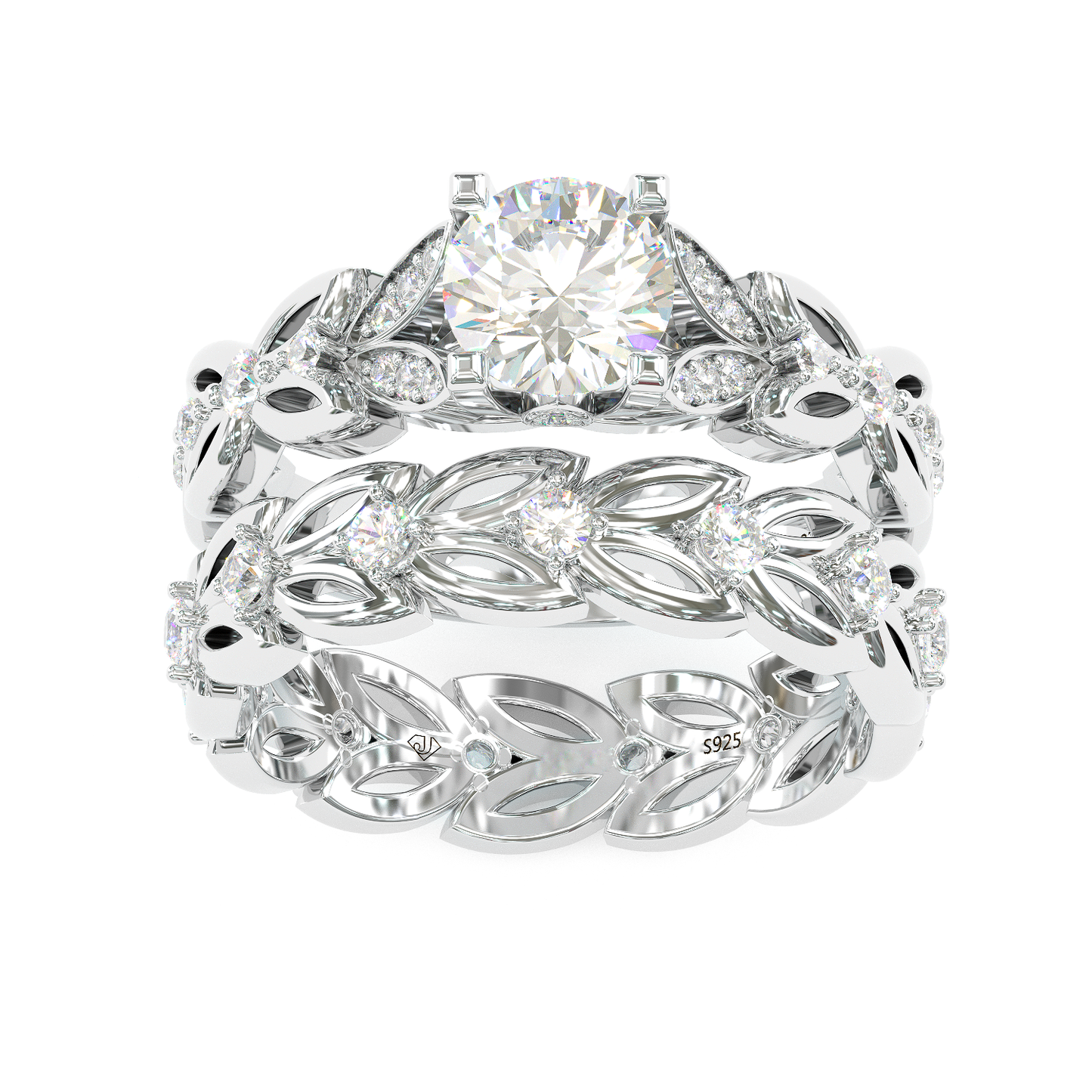 Jzora handmade round cut butterfly Sterling silver wedding ring bridal set