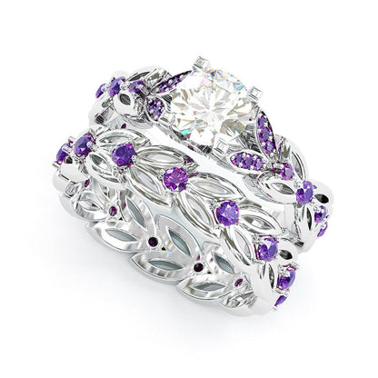 Jzora handmade round cut butterfly Sterling silver wedding ring bridal set