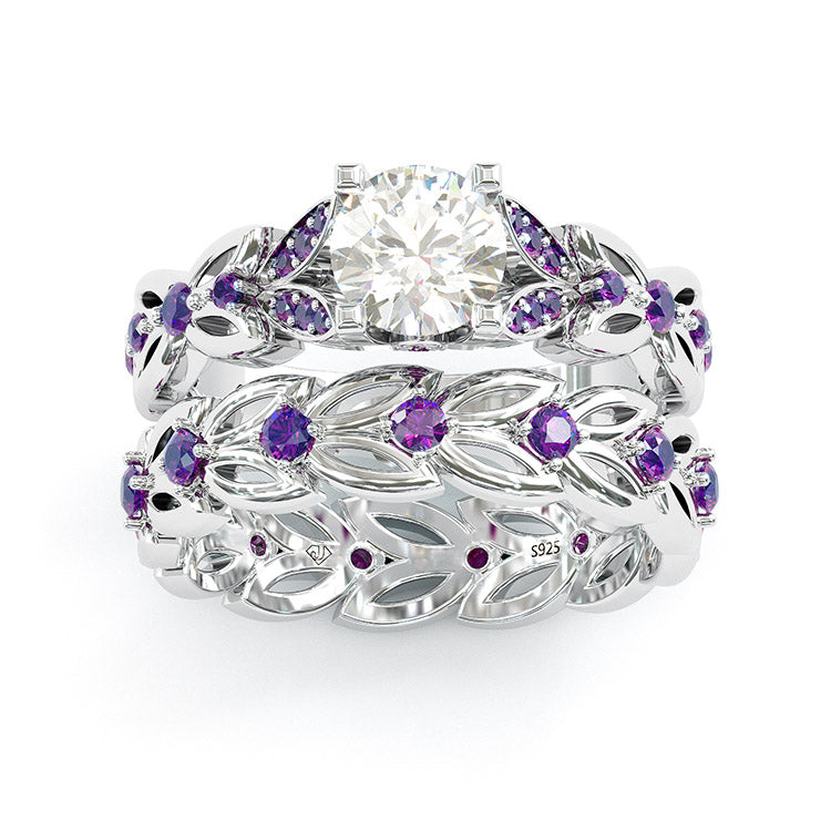 Jzora handmade round cut butterfly Sterling silver wedding ring bridal set