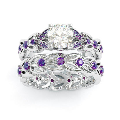 Jzora handmade round cut butterfly Sterling silver wedding ring bridal set