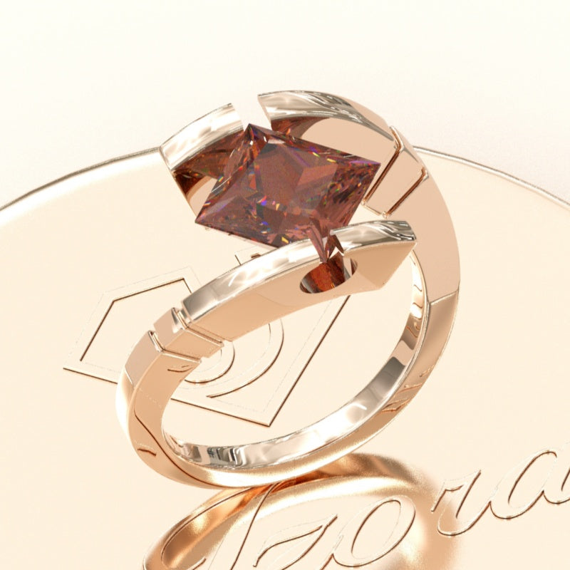 Jzora Handmade 3CT Princess Cut D-Coffee Open‑Shank Rose‑Gold Solitaire Ring