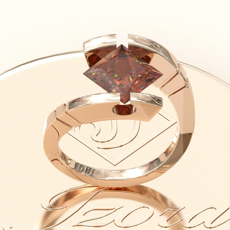 Jzora Handmade 3CT Princess Cut D-Coffee Open‑Shank Rose‑Gold Solitaire Ring