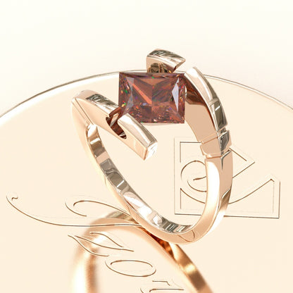 Jzora Handmade 3CT Princess Cut D-Coffee Open‑Shank Rose‑Gold Solitaire Ring