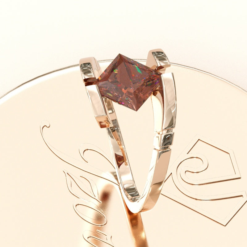 Jzora Handmade 3CT Princess Cut D-Coffee Open‑Shank Rose‑Gold Solitaire Ring