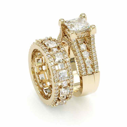 Jzora handmade gold 3ct princess cut sterling silver 2pcs wedding bridal ring set