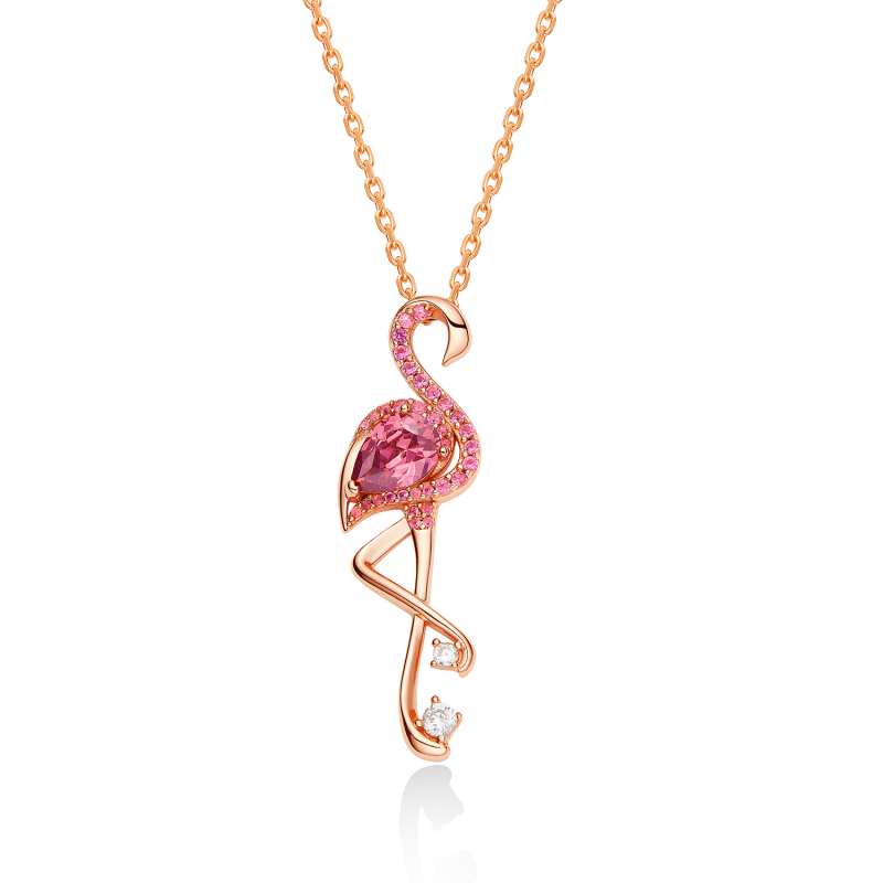 Jzora Handmade Pink Flamingo Sterling Silver Diamond Necklace